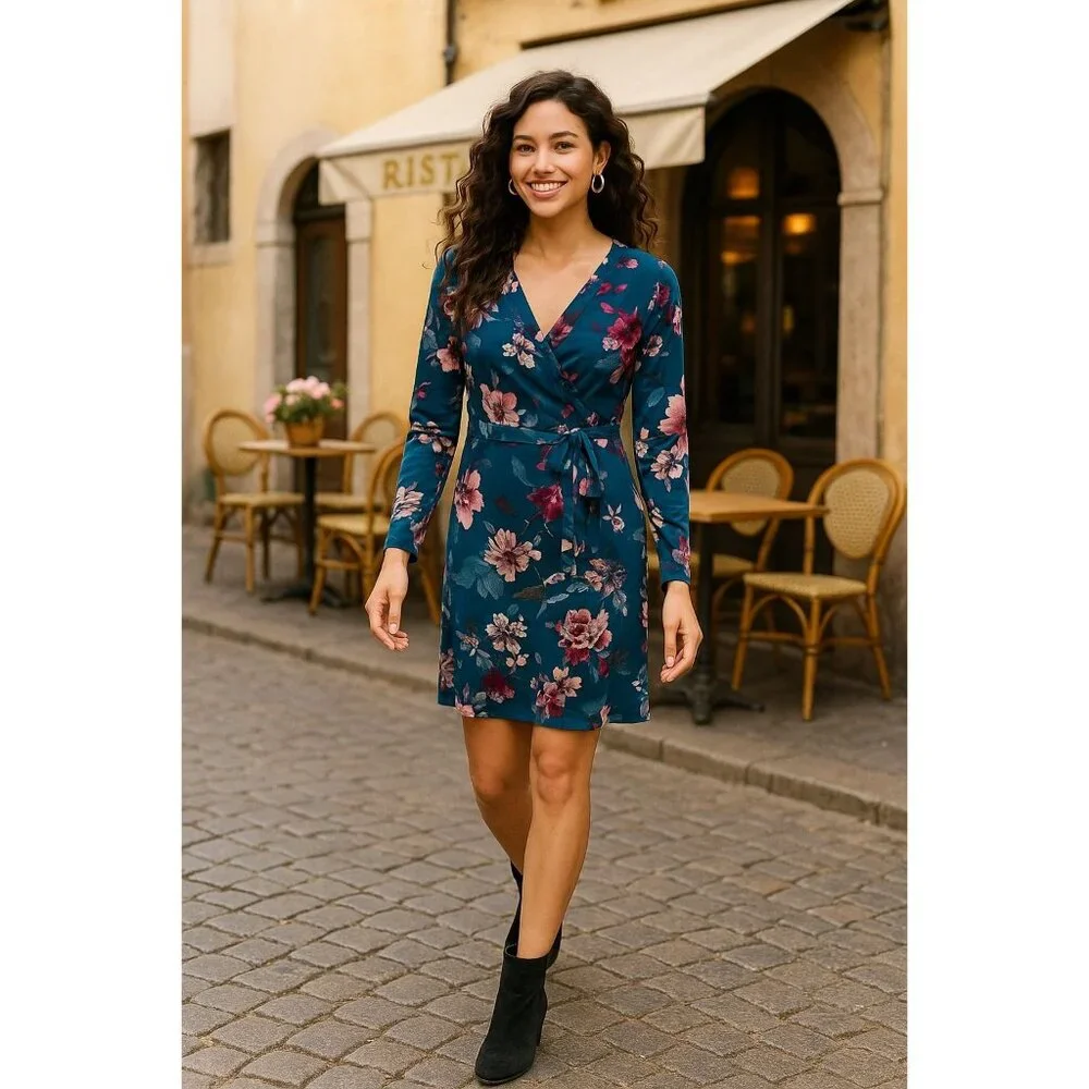 Thalia Sodi Small Teal Floral Wrap Dress Long Sleeve Fall Party Cafecore Look - Picture 1 of 12